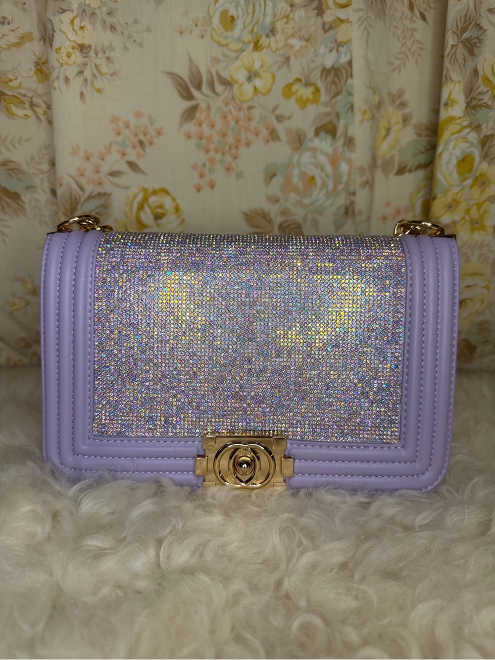 Lavender Glitter Rhinestone Gold Chain Shoulder Bag with Gold Hardware